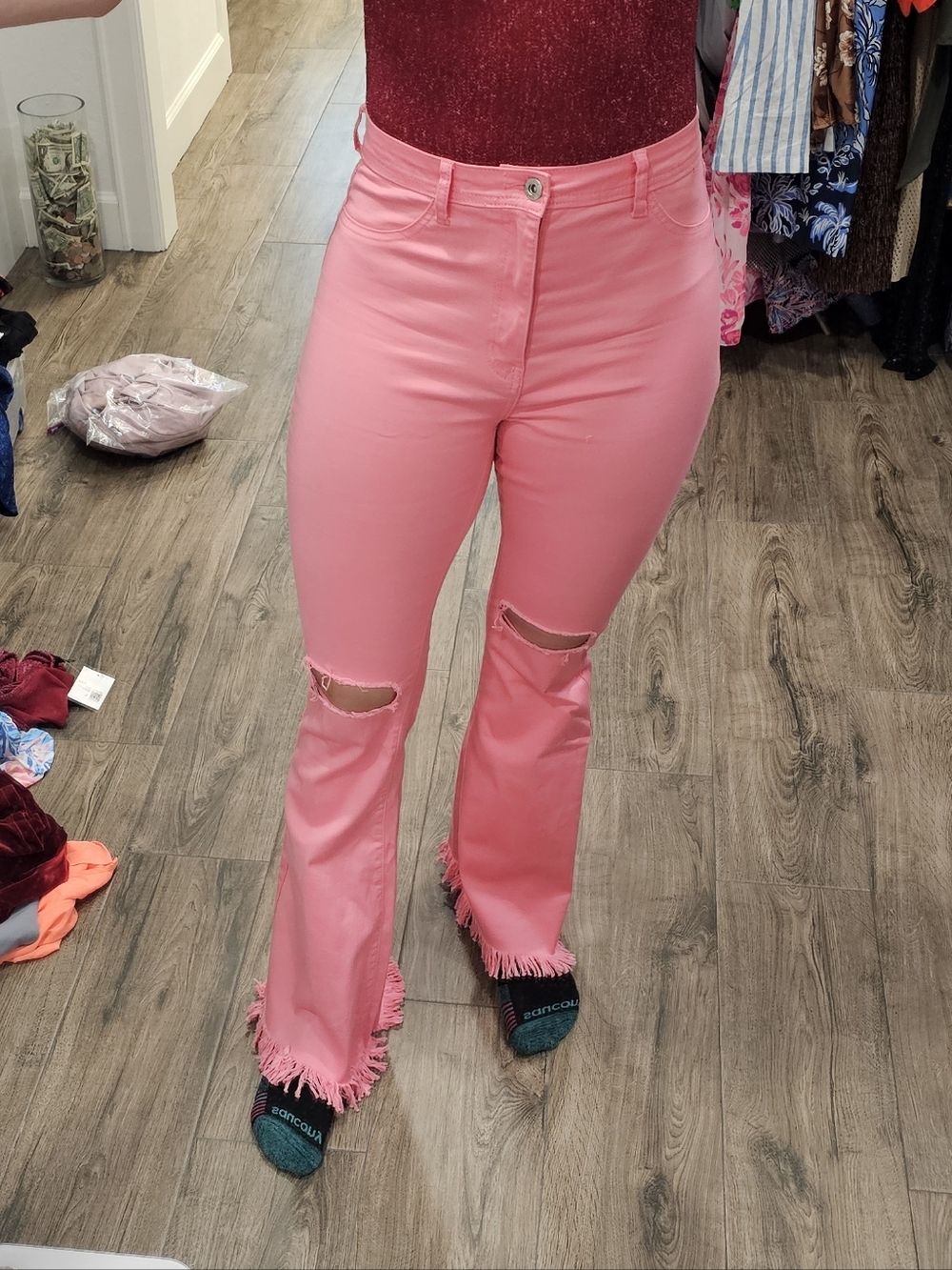Pink Fringed Hem High-Rise Flare Jeans